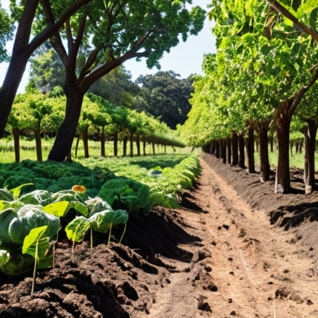 **Prompt:** A vibrant, multi-layered agroforestry farm showcasing dense biodiversity. Tall nut and fruit trees provide shade and shelter to understory shrubs and rows of diverse annual crops like kale and squash. Healthy, dark soil is visible, teeming with life. Pollinators (bees, butterflies) are active, and birds perch in the branches, emphasizing a thriving, interconnected ecosystem and ecological resilience. Sunny, natural lighting, high detail.