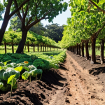 **Prompt:** A vibrant, multi-layered agroforestry farm showcasing dense biodiversity. Tall nut and fruit trees provide shade and shelter to understory shrubs and rows of diverse annual crops like kale and squash. Healthy, dark soil is visible, teeming with life. Pollinators (bees, butterflies) are active, and birds perch in the branches, emphasizing a thriving, interconnected ecosystem and ecological resilience. Sunny, natural lighting, high detail.