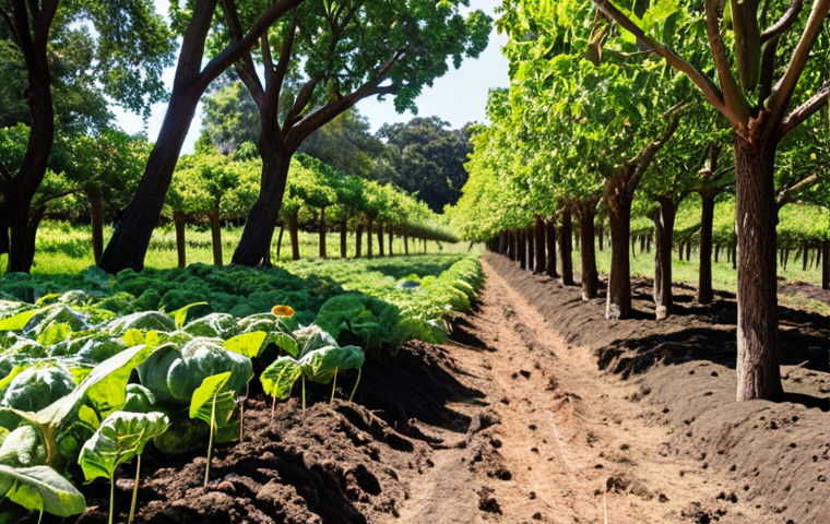**Prompt:** A vibrant, multi-layered agroforestry farm showcasing dense biodiversity. Tall nut and fruit trees provide shade and shelter to understory shrubs and rows of diverse annual crops like kale and squash. Healthy, dark soil is visible, teeming with life. Pollinators (bees, butterflies) are active, and birds perch in the branches, emphasizing a thriving, interconnected ecosystem and ecological resilience. Sunny, natural lighting, high detail.