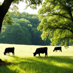 **Image Prompt:** A vibrant silvopasture scene in Missouri. Cattle graze peacefully amongst mature oak trees in the summer, benefiting from the shade. The sunlight filters through the leaves, illuminating patches of green forage. Rolling hills in the background suggest a thriving, sustainable farm.