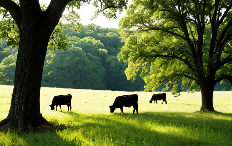 **Image Prompt:** A vibrant silvopasture scene in Missouri. Cattle graze peacefully amongst mature oak trees in the summer, benefiting from the shade. The sunlight filters through the leaves, illuminating patches of green forage. Rolling hills in the background suggest a thriving, sustainable farm.