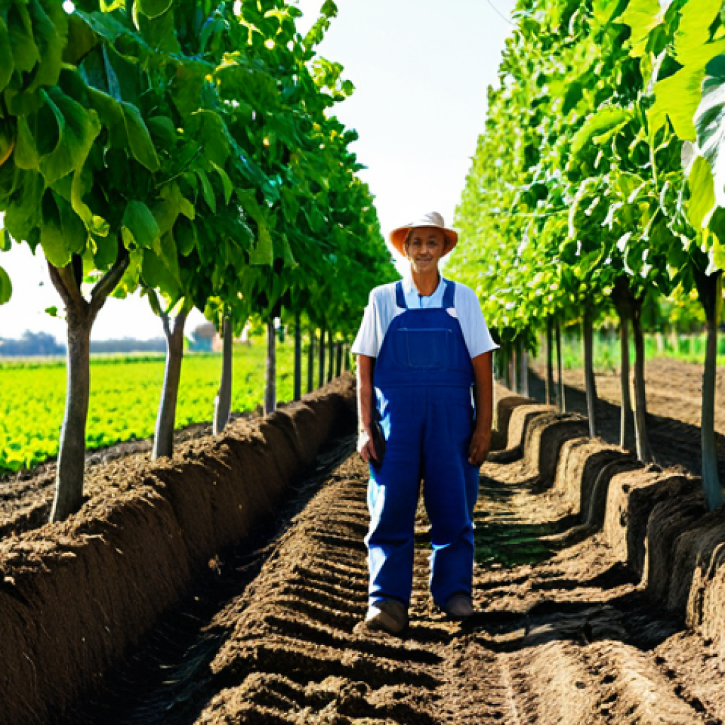 **

"A farmer stands proudly in a diverse alley cropping system, rows of walnut trees interplanted with rows of vibrant vegetables, fully clothed, appropriate attire, showcasing crop diversification, rich soil visible, sun shining, safe for work, perfect anatomy, natural proportions, professional photography, high quality, family-friendly."

**