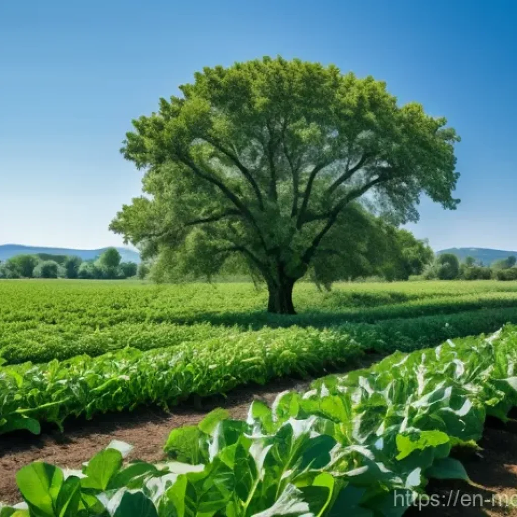 아그로포레스트리와 농업 경제학 - "A picturesque, expansive view of a thriving agroforestry farm on a bright, sunny day. In the foregr...