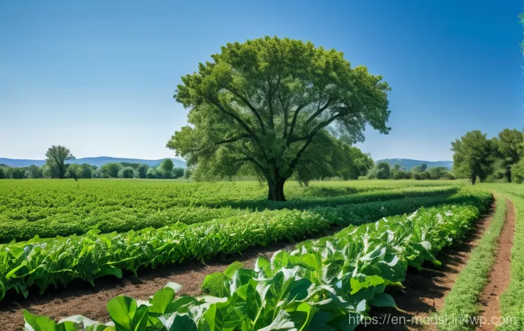 아그로포레스트리와 농업 경제학 - "A picturesque, expansive view of a thriving agroforestry farm on a bright, sunny day. In the foregr...