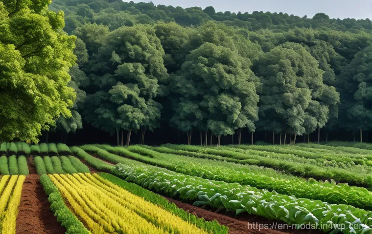 아그로포레스트리와 농업 경제학 - "A picturesque, expansive view of a thriving agroforestry farm on a bright, sunny day. In the foregr...