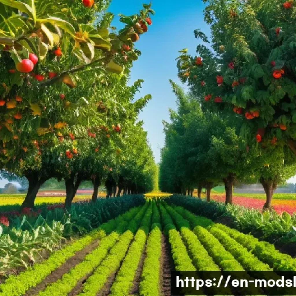 아그로포레스트리와 농업 지식 공유 플랫폼 - A vibrant agroforestry farm scene under a clear blue sky, showcasing rows of diverse crops intersper...