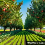 Home 14 아그로포레스트리와 농업 지식 공유 플랫폼 - A vibrant agroforestry farm scene under a clear blue sky, showcasing rows of diverse crops intersper...