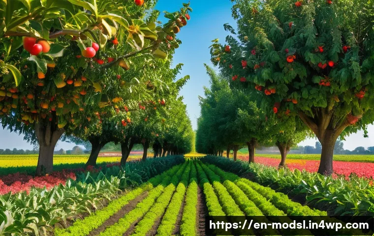 아그로포레스트리와 농업 지식 공유 플랫폼 - A vibrant agroforestry farm scene under a clear blue sky, showcasing rows of diverse crops intersper...