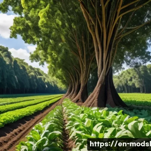 아그로포레스트리의 과학적 연구 동향 - A vibrant agroforestry farm scene showcasing leguminous trees with deep root systems intertwined wit...