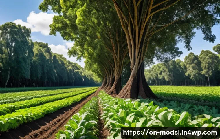 아그로포레스트리의 과학적 연구 동향 - A vibrant agroforestry farm scene showcasing leguminous trees with deep root systems intertwined wit...