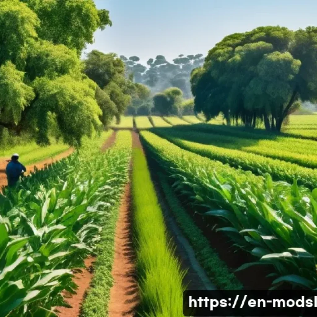 아그로포레스트리와 자원순환 농업 - A vibrant agroforestry farm scene under bright sunlight, featuring rows of maize intercropped with t...