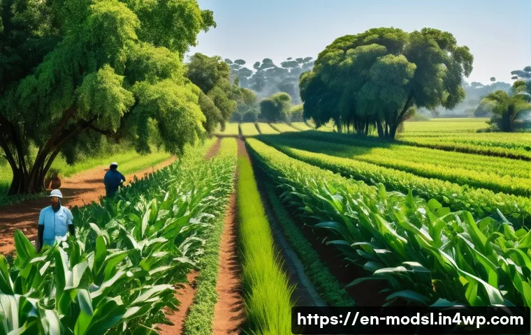 아그로포레스트리와 자원순환 농업 - A vibrant agroforestry farm scene under bright sunlight, featuring rows of maize intercropped with t...