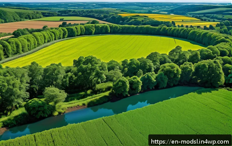 아그로포레스트리 모델의 성과 평가 방법 - A vibrant agroforestry farm landscape during mid-morning light, showcasing diverse tree species inte...