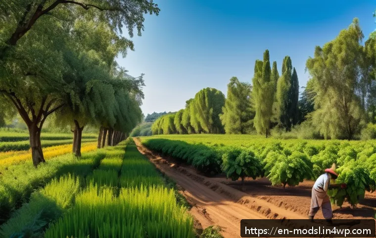 아그로포레스트리와 지역 사회의 발전 - A vibrant agroforestry farm landscape under a clear blue sky, showcasing diverse planting patterns w...