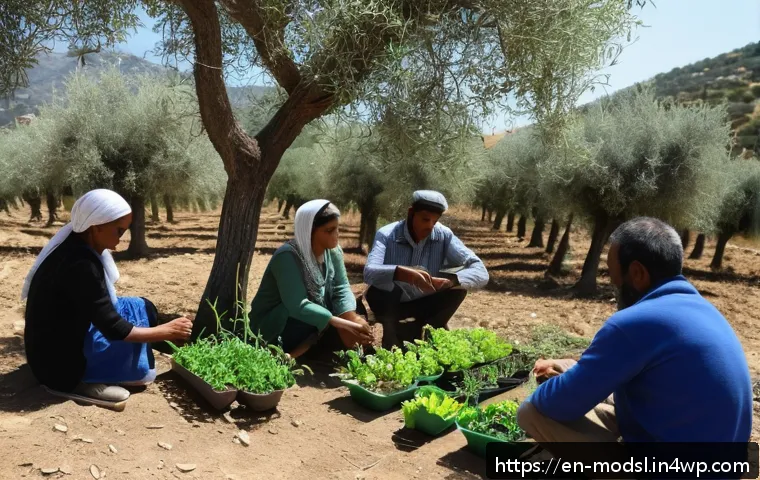 아그로포레스트리 모델의 교육 프로그램 개발 - A vibrant outdoor agroforestry training workshop set in a Mediterranean climate village, featuring a...