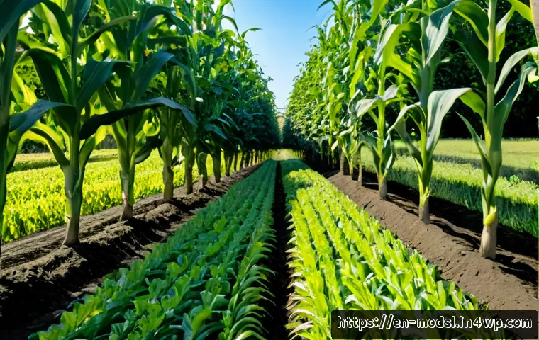 Home 17 아그로포레스트리와 여름철 농작물 조합 - Photorealistic summer agroforestry farm in the American Midwest, wide eye-level view of neat rows of...