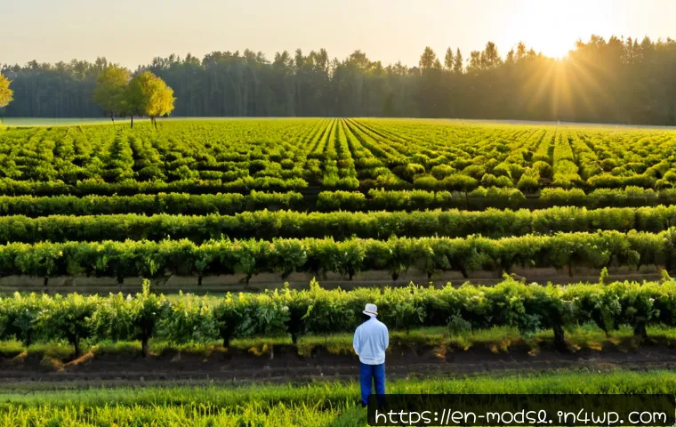 아그로포레스트리의 탄소 배출 감소 효과 - Photorealistic wide view of a North American agroforestry farm at sunrise, neat rows of young walnut...